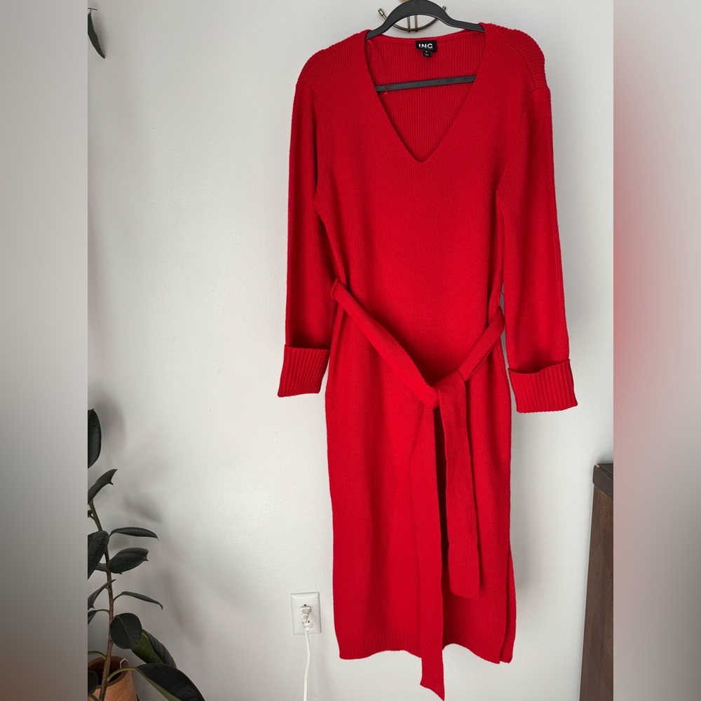 INC Red Knit Dress Size Medium With Belt Side Slits Pullover Dress